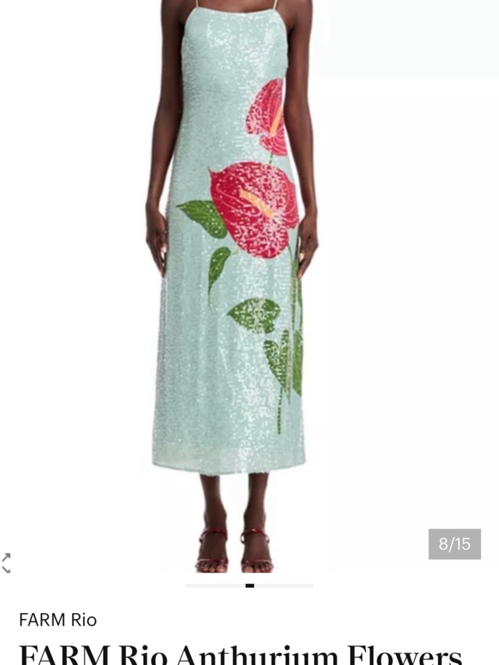 SOLD OUT NWT FARM Rio anthurium Mint Sequin Dress with Red Floral Motif - large